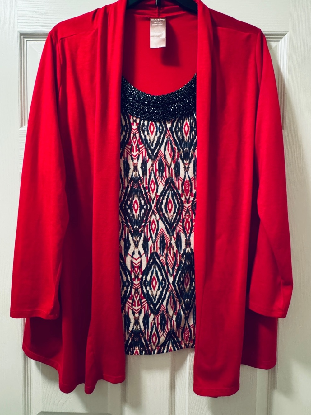 White Stag Red Open-Front Cardigan with Patterned Shell Insert